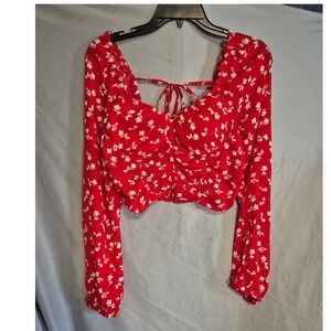 Madden NYC Red Floral Long Sleeve Crop Top Tie‎ Back Square Neck Blouse